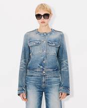 Collarless jacket in stretch japanese denim
