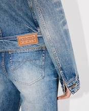 Collarless jacket in stretch japanese denim