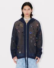 Oversized embroidered zip-up knitted hooded sweatshirt in cotton mesh