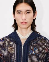 Oversized embroidered zip-up knitted hooded sweatshirt in cotton mesh