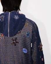 Oversized embroidered zip-up knitted hooded sweatshirt in cotton mesh