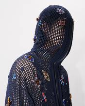 Oversized embroidered zip-up knitted hooded sweatshirt in cotton mesh