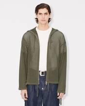 Embroidered zip-up knitted hooded sweatshirt in cotton mesh